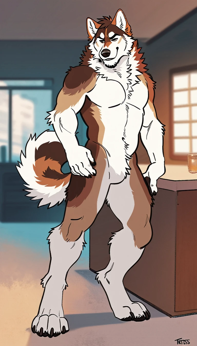 owen lorelei, muscular male, purple eyes, smile, (pose:1.3), (posing:1.3), (soft shading), 4k, hi res, ((detailed face, detailed)), (full body), by zackarry911, by zaush, (by personalami:0.5), jacket, brown jacket, white sleeves,bottomless, NSFW, big long penis, big balls, POV