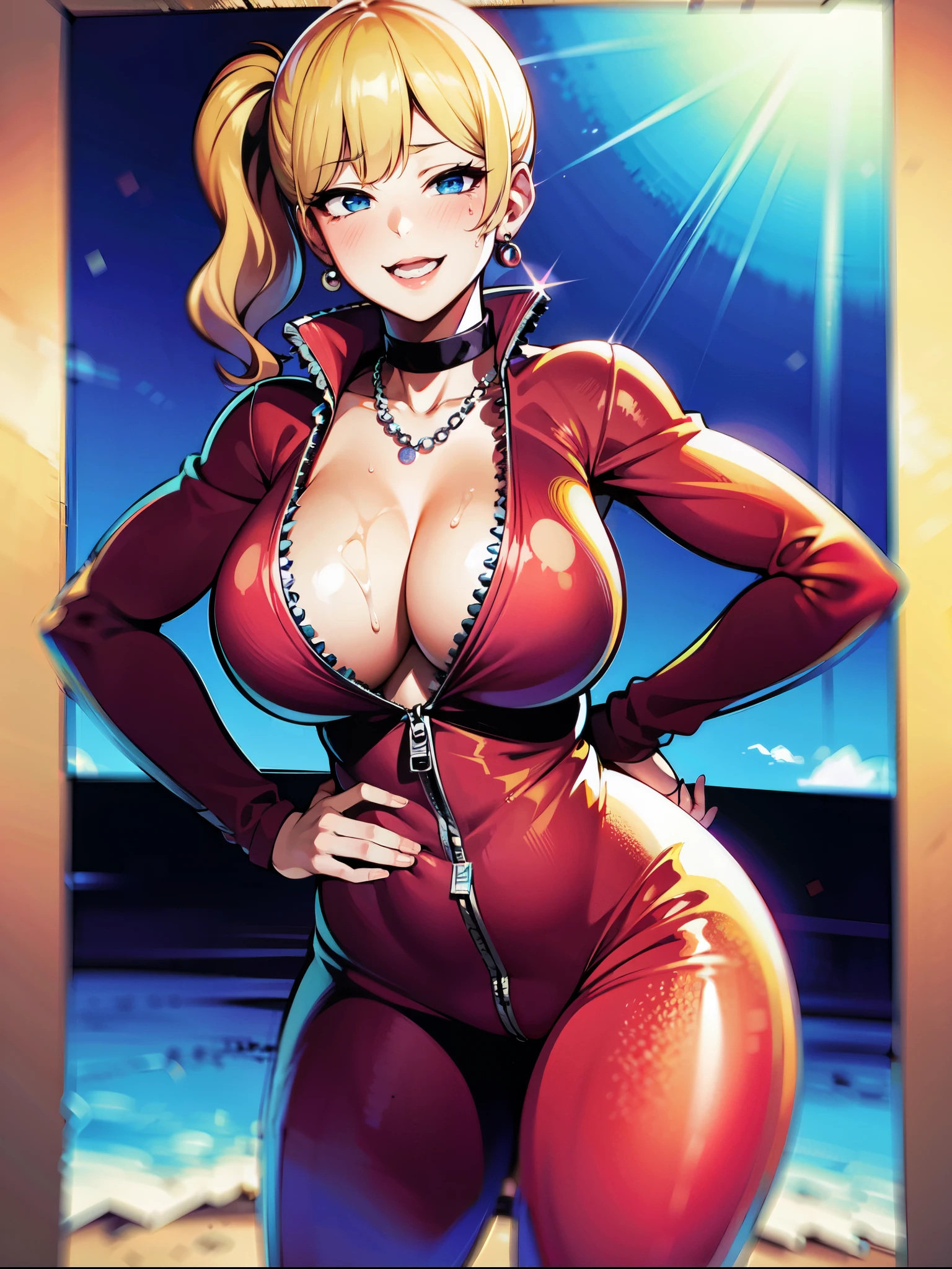 ((super high quality,Ultra-high resolution,4K,8k,super masterpiece,Ultra HD)),Sea in clear skies,Looking up from below,The blazing sun,One Girl,((Light pink glossy sweat suit,Naked in a sweatsuit,(Large collar,Open collar,Tight collar),Zipper opening from under the chin to under the navel,Fine zipper),Cleavage,sexly),Wavy blonde short hair,Short side ponytail,Wink,smile,soaked,Sweaty,Place one hand on hip,V-sign towards the camera,Lean forward diagonally,Leaning forward greatly,Pearl Earrings,Chain Necklace,