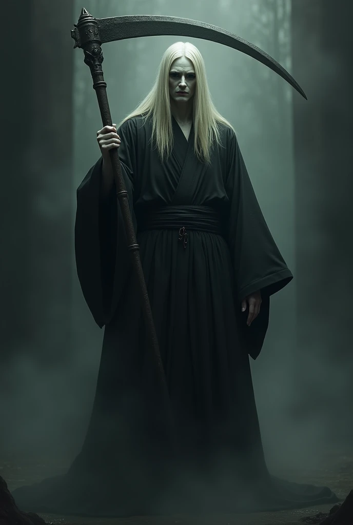 tall man, pale skin, long straight blond hair, black eyes, wearing a dark kimono and carrying a huge scythe
