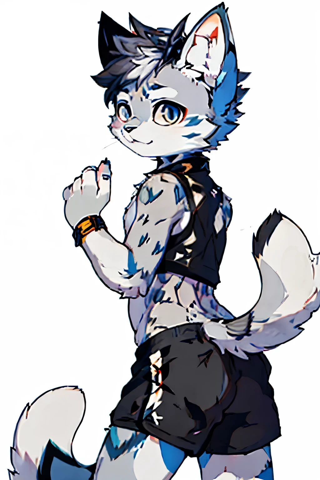 a drawing of a cat with a grey leopard tail and black and white socks, booty shorts, bubble but, he has gray leopard skin!!!, leopard spots, with gray skin, pov furry art, sona is a slender, furry art!!!, gay, femboy, anime catboy, by :5 sexy: 7, white cat boy, holding a pudica pose, cute anime catboy, sfw version, male furry mini cute style
