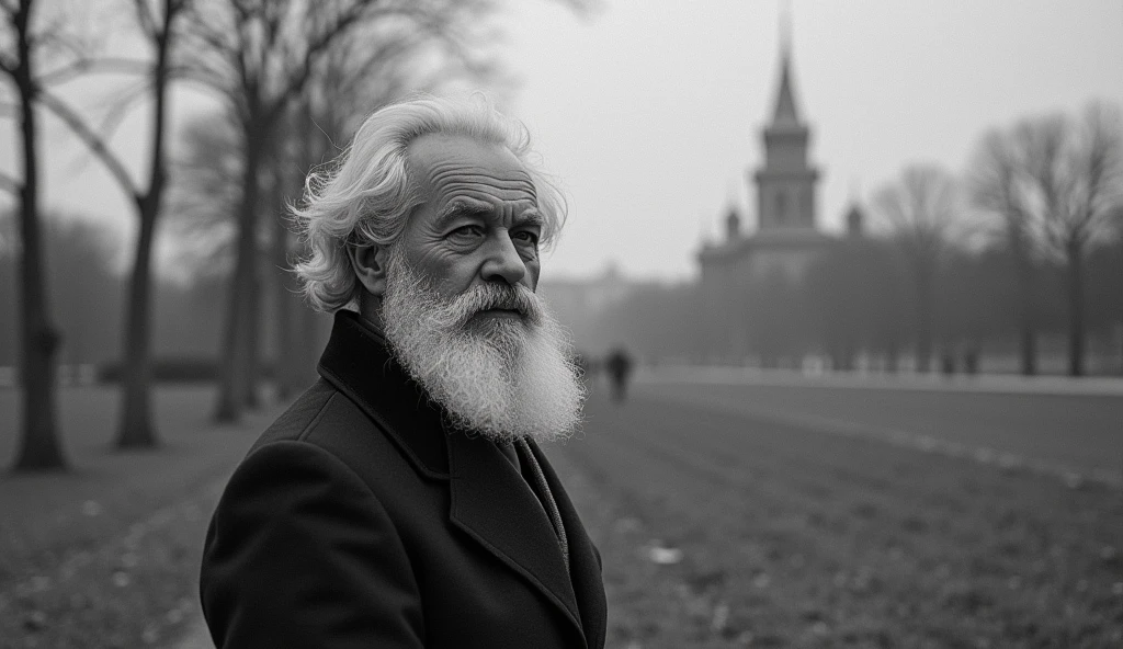 make a black and white image of Piotr Kropotkin from the front and further away