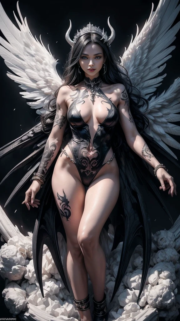 ((Perfect dynamic composition:1.7, Detailed tattoos all over the body:1.6, Wear exquisite jewelry:1.6)), Highly detailed skin and facial features:1.3, Details of the limbs, wings on shoulder, Angel wings and devil wings, white wings and black wings, (Realistic picture, highest resolution, 16ก), (A demon god with wide wings and enormous power on his shoulders..., Twelve wings on the shoulders., black bat wings:1.3 white angel wings:1.5), 6 angel wings, 6 devil wings, (Beautiful girl with two meter long hair, shiny black hairงาม, Smooth white skin, Lips are very red.), ((stand, already)), (big breasts, หัวBig tits), (gigantic breast, breast augmentation, Breast 400 cc., small waist, hips raised, small thighs, Long legs), (dynamic poses), (Armor that slightly conceals the body), Separate theme, (Angel wings and devil wings), floating in the air above the groundดิน, background darkness, Embraced with twelve wings, The horns that grow from the head are like a crown., He who has light, wears little armor, There is power coming out of the body., sparkling wings, white light black light, amazing wings, beautiful gesture, 8K resolution, Resolution 4000 x 2250 pixels, beautiful gesture, Angel wings and devil wings, (Realistic picture, highest resolution, 16K), (A demon god with wide wings and enormous power on his shoulders.., Twelve wings on the shoulders., black bat wings:1.3 white angel wings:1.5), Angel wings and devil wings, white wings and black wings,, Have wings 100 Have wings 1000, Angel wings and bat wings, wings inserted between wings, 12 wings, 6 angel wings, 6 bat wings, Angel wings and devil wings, white wings and black wings,, (Beautiful girl with two meter long hair, shiny black hair, Smooth white skin, Lips are very red.), very long hair, ((stand, toe)), (big breastsโต, หัวBig tits), (gigantic breast, small waist, hips raised, small thighs, Long legs), (dynamic poses), (black and white leotard, There are beautiful patterns., Decorated with gold embroidery., Show off your chest), Separate theme, (Angel Wings and Demon Lord Wings), floating in the air above the ground, background darkness, Embraced with twelve wings, He is white and black., A rainbow glow on the back of the head, The most busty breasts, Big tits, universe backdrop, dynamic gesture, Drive the skin, Smooth white skin, (The wings are in layers, alternating with white, alternating with black. The wings are alternating with layers of white, alternating with layers of black, and alternating again.), gold pattern set