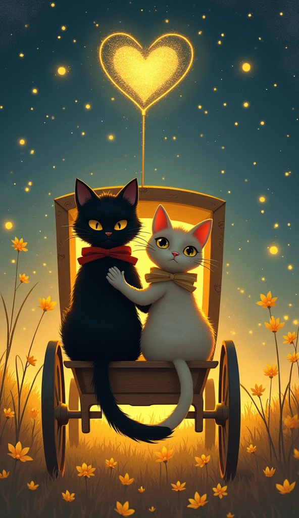 Scene 7: The Enchanted Carriage Ride
Title: A Bold Journey of Love
Description: The boy cat and the bold lady cat step into a golden carriage, their contrasting sizes creating a captivating and romantic visual. His protective arm wraps around her small but strong figure. As they ride through fields of glowing flowers, the stars above form a heart, symbolizing their deepening connection. The lady cat’s curvaceous figure, highlighted by her elegant gown, adds both strength and allure to the scene, making it enchanting and deeply romantic.