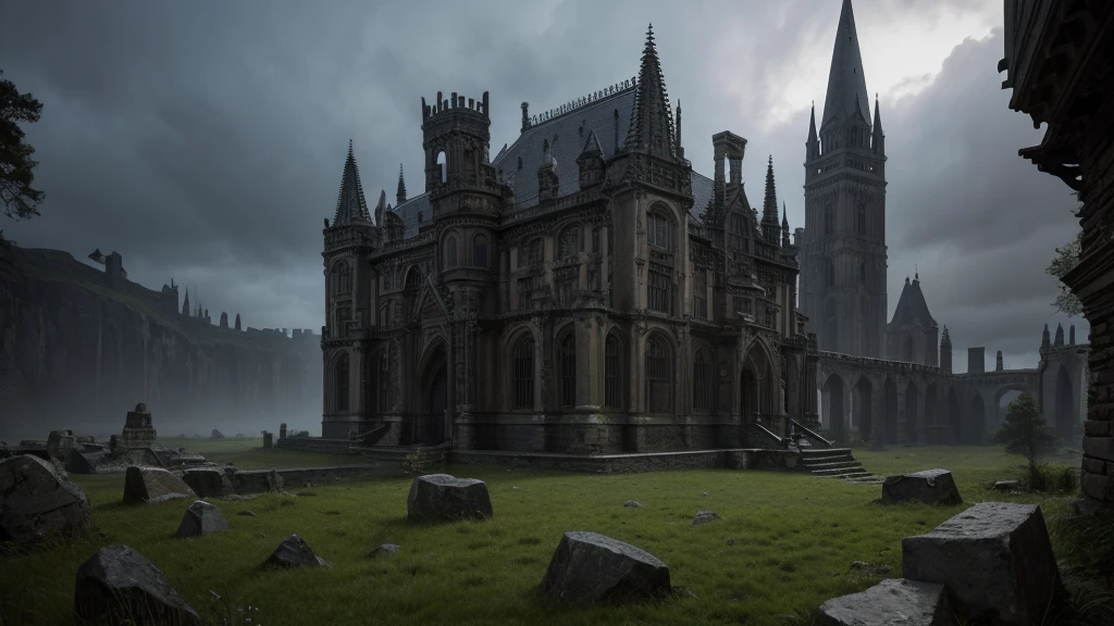 Clear, Here is a more detailed prompt for the skull castle in a photorealistic image:
"Imposing grey stone Skull Castle, with gothic architecture and sculpted details in the shape of skulls. The structure rises on a rocky hill, surrounded by a dense fog that creeps along the ground. The pointed towers and thick walls cast a long shadow, creating a gloomy and dark atmosphere. Small windows with stained glass peek out from between the worn stones. Creepers and moss partially cover the walls, giving it an old and abandoned look. The light of dawn or dusk dimly illuminates the scene, creating dramatic plays of light and shadow. Realistic textures on each stone, with intricate sculptural details. High resolution image capturing the imposing presence of the castle and the gloomy atmosphere surrounding it."