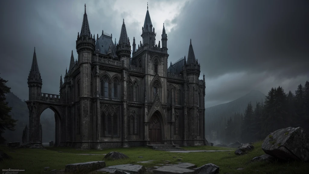 Clear, Here is a more detailed prompt for the skull castle in a photorealistic image:
"Imposing grey stone Skull Castle, with gothic architecture and sculpted details in the shape of skulls. The structure rises on a rocky hill, surrounded by a dense fog that creeps along the ground. The pointed towers and thick walls cast a long shadow, creating a gloomy and dark atmosphere. Small windows with stained glass peek out from between the worn stones. Creepers and moss partially cover the walls, giving it an old and abandoned look. The light of dawn or dusk dimly illuminates the scene, creating dramatic plays of light and shadow. Realistic textures on each stone, with intricate sculptural details. High resolution image capturing the imposing presence of the castle and the gloomy atmosphere surrounding it."