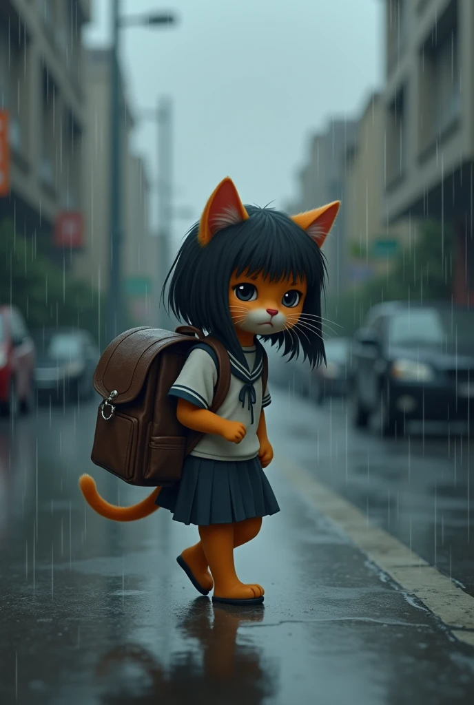 Orange kitten with straight black hair down to mid-shoulder with school backpack and wearing school uniform walking under the rain with sad face