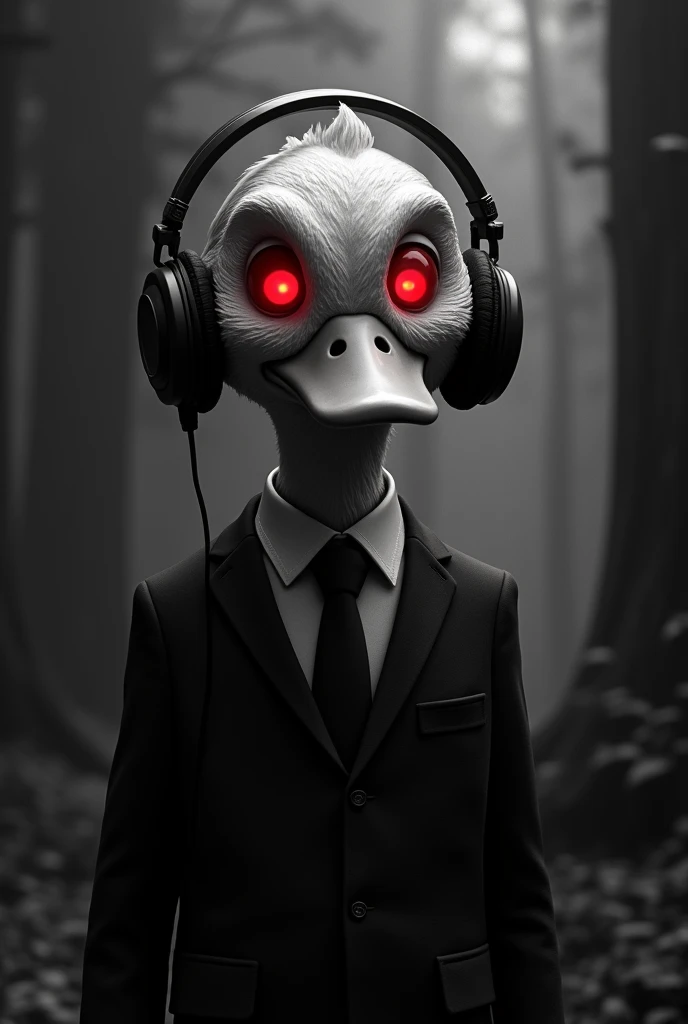 duck in business suit and headphones, black and white horror background rich in detail, with lots of details in the background, Red glow in the eyes, Horror Theme, dark, Terror