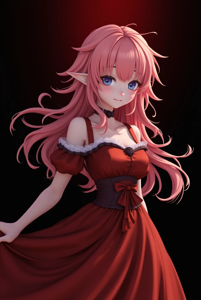 2.5d, girl , elf, hair rose, withe dress, background black and red,