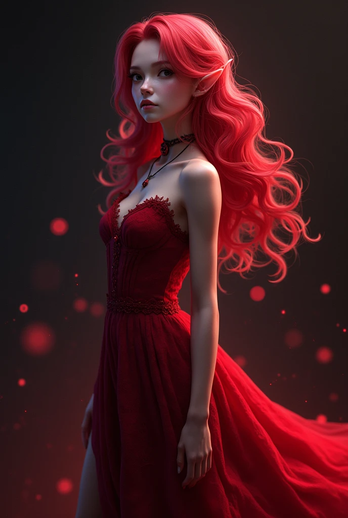 2.5d, girl , elf, hair rose, withe dress, background black and red,