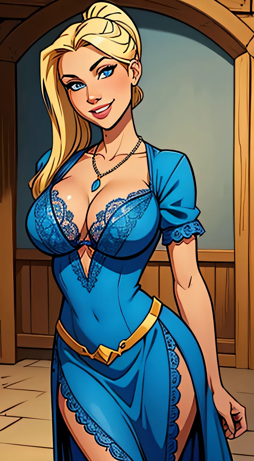 Thin woman, beautiful smiling, blue medieval dress with v-neck (lacy), rustic necklace with jewel between the breasts, skin fair, long blonde hair with ponytail, blue colored eyes, busty, arms back of the body. comic style.