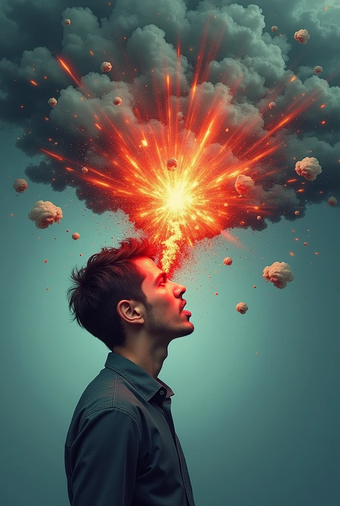 A figure is trying to take a deep breath, but while doing so, his face turns red, There is an explosion of emotions around his head, with stressful thoughts like dark clouds, a racing heart, and small symbolic explosions around.