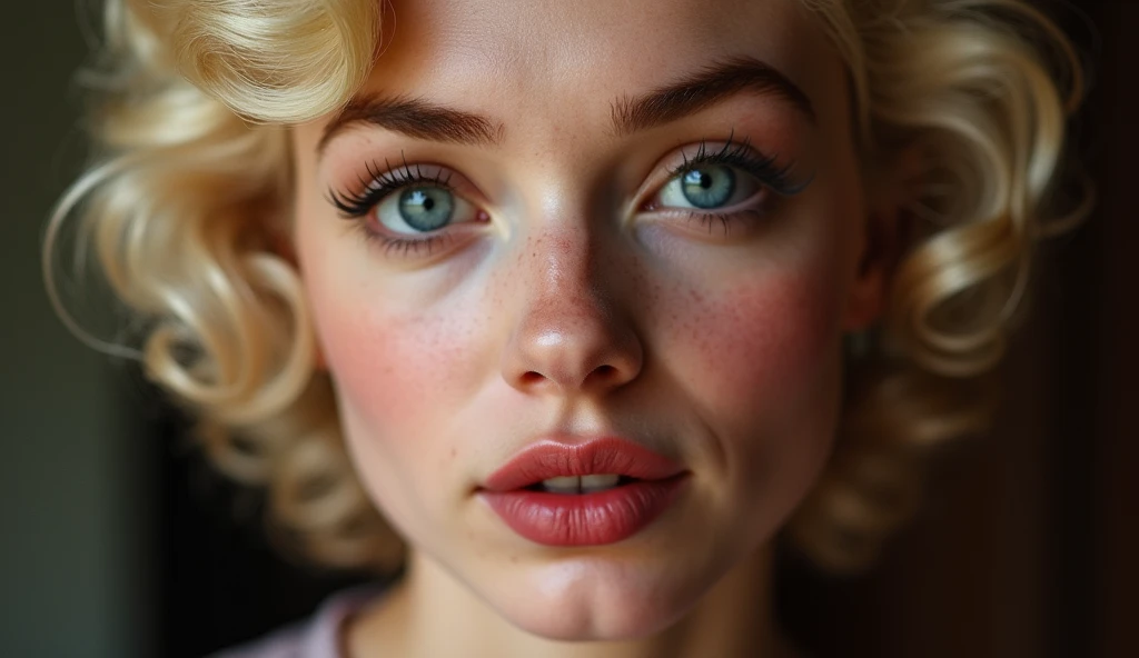 Marilyn Monroe, big eyes, thick lips, 20 years old, blue eyes, curly hair, upper body, Top Quality, Masterpiece, 1 Girl, Beautiful Face, (Photorealistic Photos:1.3), Rim Lighting, (High Detail Skin:1.2), 8K UHD, DSLR, High Quality, High Definition, 4K, 8K, Bokeh, (Real: 1.3). stunning women