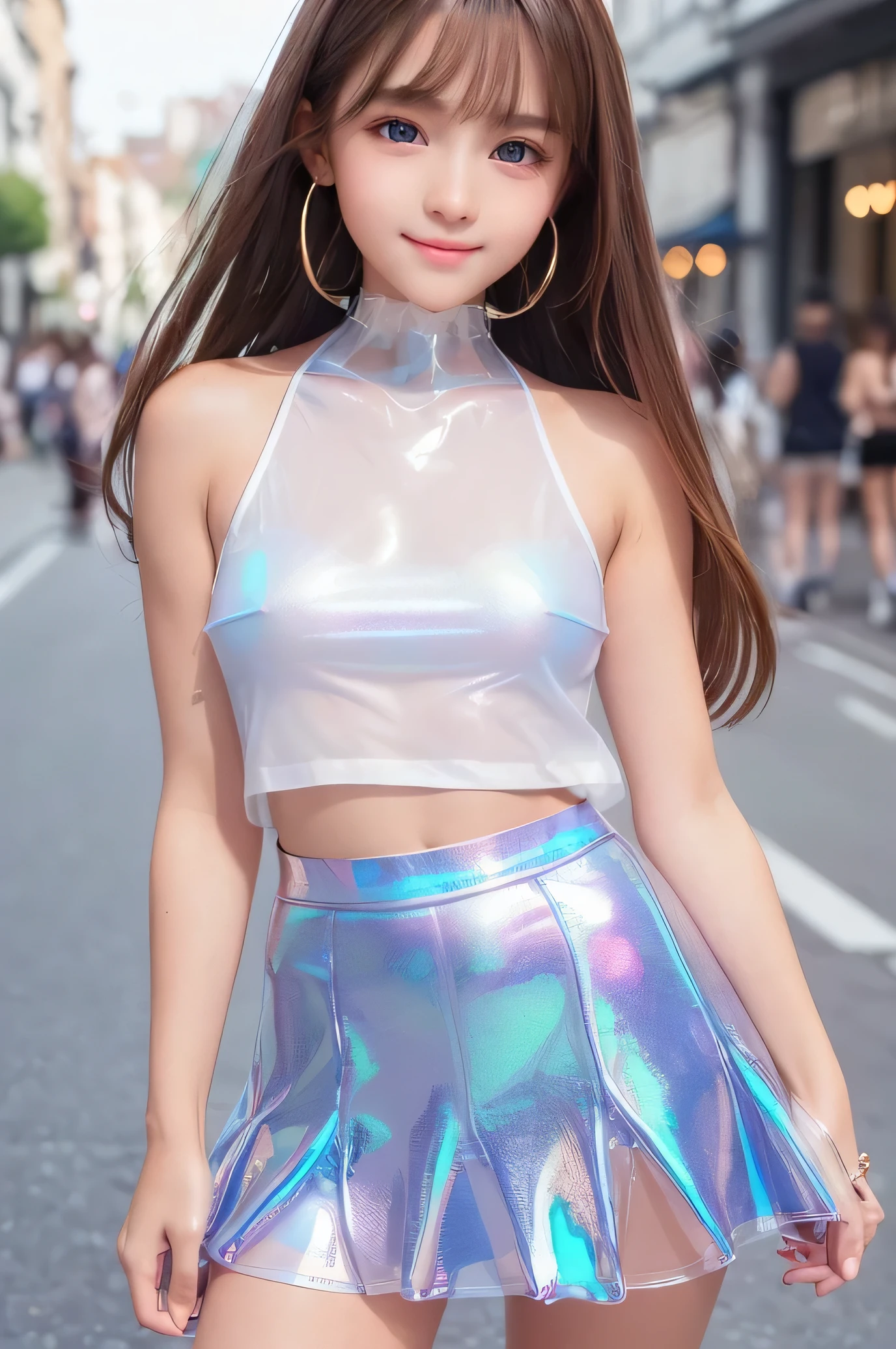 (super nice cute face:1.2),(Very beautiful cute girl),16 yo,(beautiful clear Eyes with a  radiance:1.2), Beautiful detailed eyes, Detailed double eyelids, (smiling), (realistic photograph:1.1), long straight brown hair, (Super Shiny metallic blue flare mini Skirt:1.1), (Super shiny white transparent holographic fashionable summer tops:1.1),in the street ,panty 