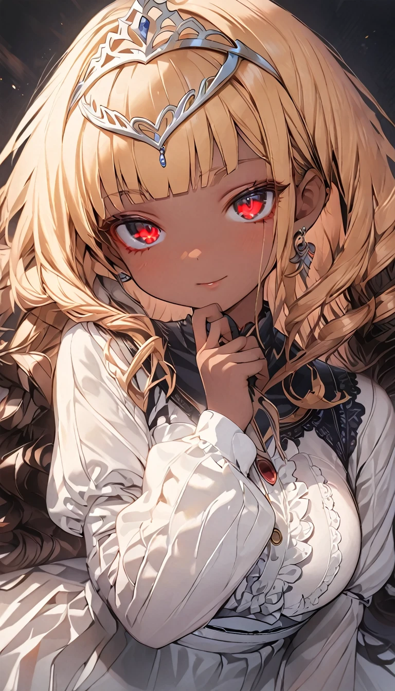 masterpiece, best quality, extremely detailed, high resolution, Japanese anime,1girl, (dark skin:1.2), gold hair, (short length hair:1.4), (blunt bangs:1.3), curly hair, wavy hair, drill hair, (eye lashes:1.3), (eye shadow:1.3), (red eyes:1.5), (beautiful detailed eyes:1.4), jitome, 130cm tall, original character, fantasy, (black background:1.2), beautiful fingers, standing, (lace frill dress:1.5), (tiara:1.5) , shoot from front, looking at viewer