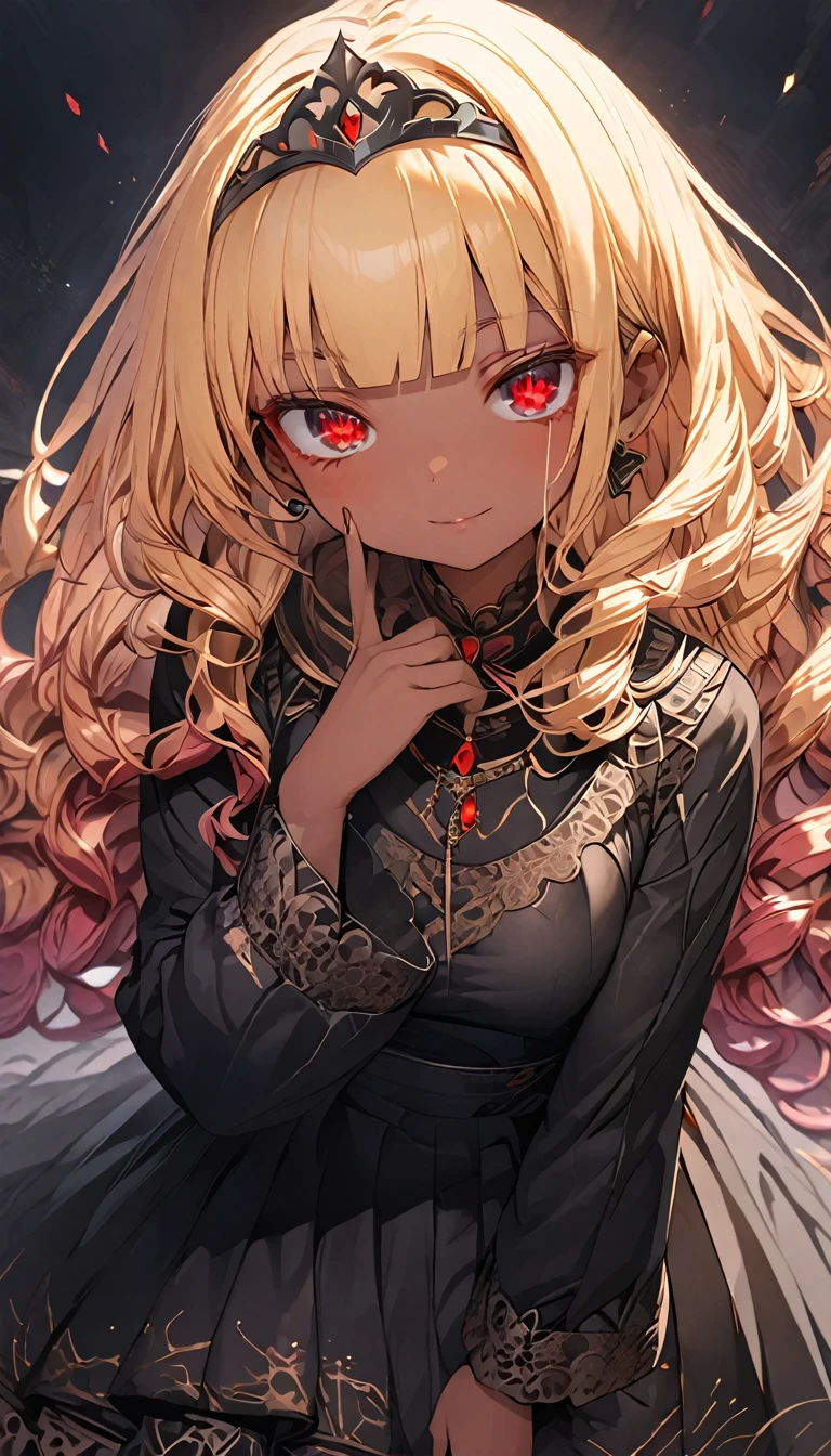masterpiece, best quality, extremely detailed, high resolution, Japanese anime,1girl, (dark skin:1.2), gold hair, (short length hair:1.4), (blunt bangs:1.3), curly hair, wavy hair, drill hair, (eye lashes:1.3), (eye shadow:1.3), (red eyes:1.5), (beautiful detailed eyes:1.4), jitome, 130cm tall, original character, fantasy, (black background:1.2), beautiful fingers, standing, (lace frill dress:1.5), (tiara:1.5) , shoot from front, looking at viewer