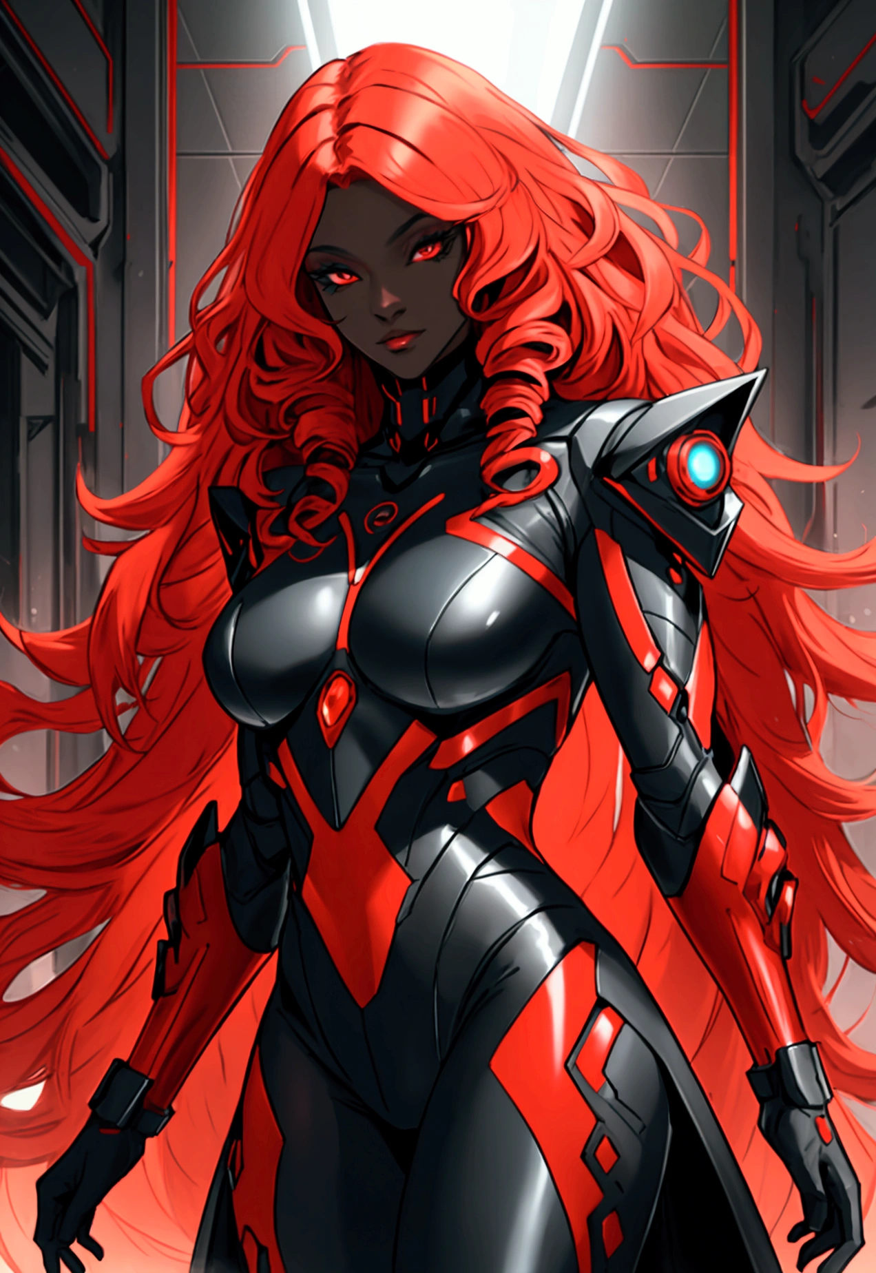 Hole body, black and red clothing, Futuristic drag queen clothing ideas, tan lattin skin, ultra detailed, long curly hair