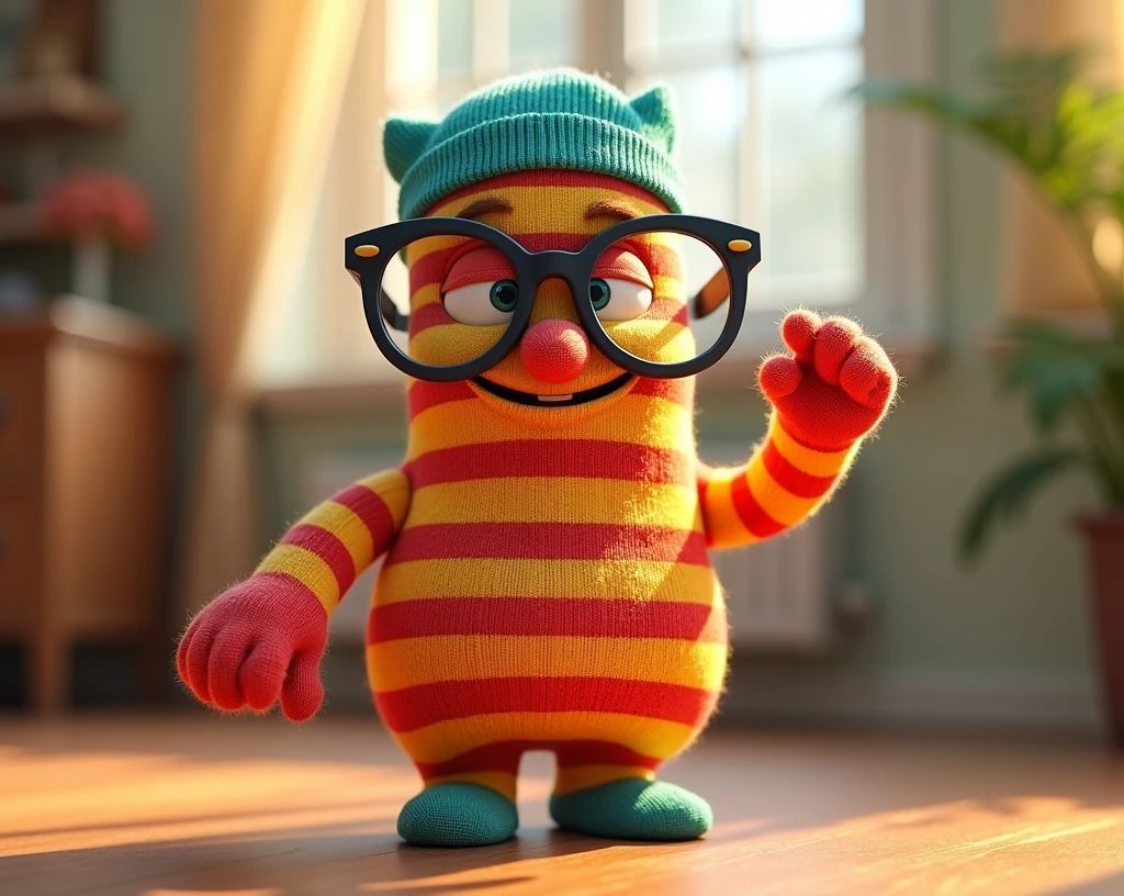 Generates an animated character from a sock with red stripes and glasses