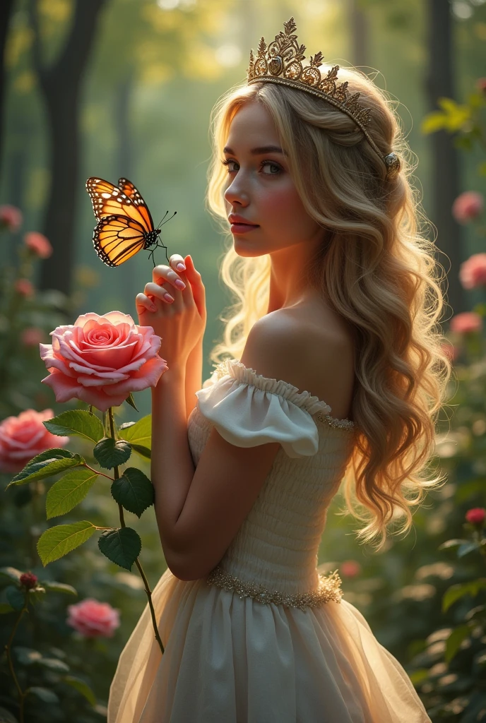 Princess in forest with rose and butterfly 