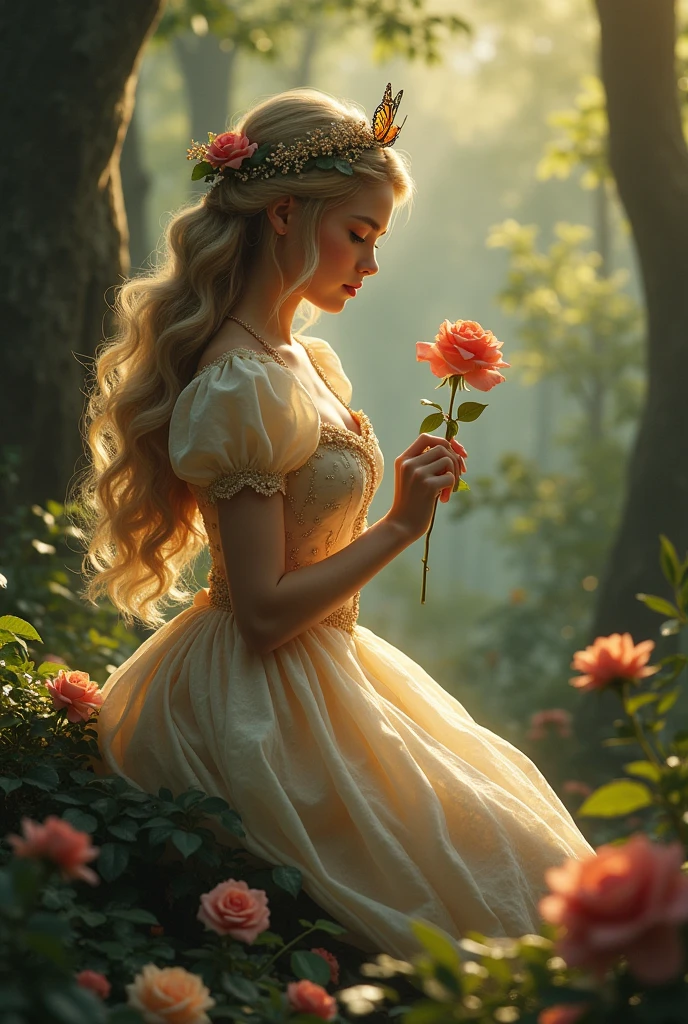 Princess in forest with rose and butterfly 