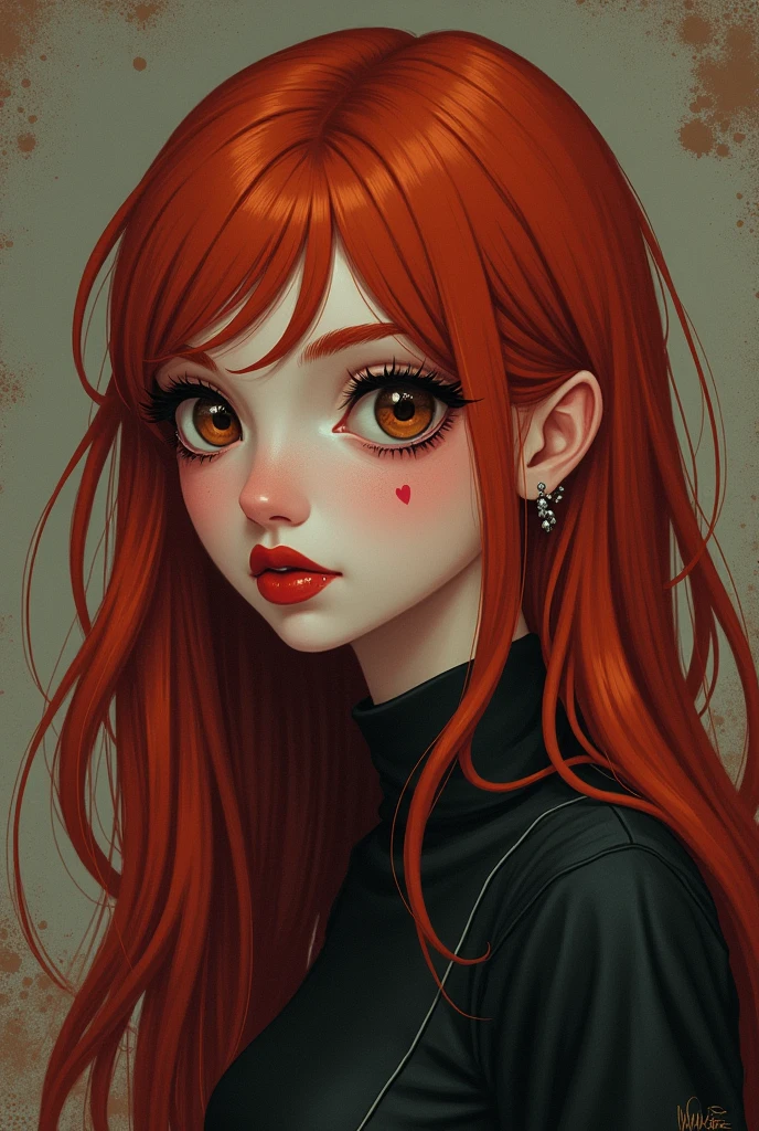 
Female version of Moral Orel, red hair long and reaching to the back.
Almond-shaped eyes Long, black eyelashes, delicate.
red lips in the shape of a heart.
White skin.
shout grunge