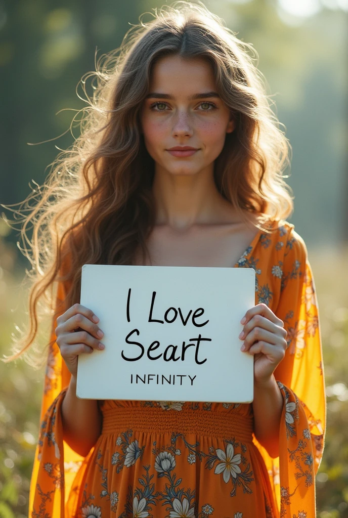 Beautiful girl with wavy long hair, bohemian dress, holding a white board with text "I Love Seaart Infinity" and showing it to the viewer