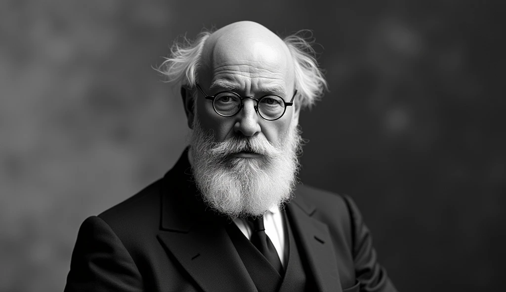 make a black and white image of Piotr Kropotkin from the front and further away he is bald in the middle of his head and wears glasses