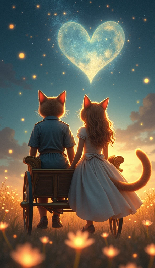 Scene 7: The Enchanted Carriage Ride
Title: A Bold Journey of Love
Description: The boy cat and the bold lady cat step into a golden carriage, their contrasting sizes creating a captivating and romantic visual. His protective arm wraps around her small but strong figure. As they ride through fields of glowing flowers, the stars above form a heart, symbolizing their deepening connection. The lady cat’s curvaceous figure, highlighted by her elegant gown, adds both strength and allure to the scene, making it enchanting and deeply romantic.