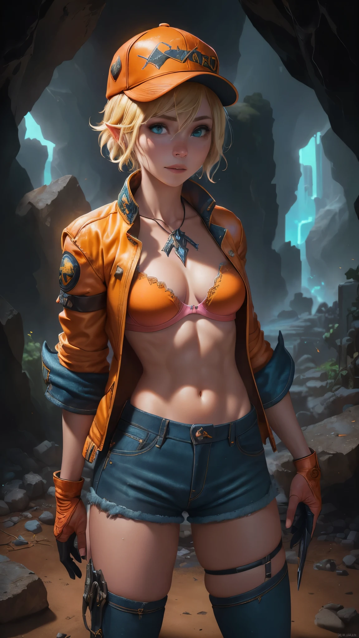 (The best quality,A high resolution,Ultra - detailed,actual),Cindy Aurum  Fantasy XV,(85mm F/1.4) , (Cindy has short blonde hair:1.4) , green eyes and a slightly tanned complexion, (His attire consists of an orange cap with the Hammerhead sign:1.4) ., a pair of black gloves, (a yellow jacket:1.4) , (a salmon bra:1.4) , (a pair of black welding :1.4) , (some denim shorts:1.4) , a brown tool belt, black stockings and a pair of white high-heeled boots, ,(Dungeon ruins background ruins large stones cavern cave :1.4 ), epic fantasy art style hd, 4K fantasy art, epic fantasy digital art style, epic fantasy art style, Fantasy Woman, epic fantasy art portrait, Epic fantasy style, hyperrealistic fantasy art, hd fantasy art, epic fantasy character art, epic fantasy art, in style of dark fantasy art, epic fantasy digital art, high quality, (raw photo, best quality), (realistic, Photorealistic: 1.4), (extremely delicate and Beautiful: 1.4), Amazing, fine details, masterpiece, Ultra detailed, high resolution, best illustration, best shadow, intricate, ( extremely intricate: 1.2), (exquisitely detailed skin), cinematic light, Perfect anatomy, (cool color: 1.4), Sharp focus, 8K UHD, DSLR, (Fujifilm XT3),(cowboy pose :1.4),( cinematic lighting :1.4),( bright colors :1.4),(Cindy Aurum Fantasy XV:1.4), (Cindy Aurum V2.1),( face detailed :1.4), More detailed 8K.motor irreal:1.4,UHD,La mejor calidad:1.4, fotorrealista:1.4, textura de la piel:1.4, obra maestra:1.8,obra-prima, mejor calidad,objeto Objeto], (detailed face features:1.3),(Las proporciones correctas),(Ojos hermosos azules), (((85mm F/1.4)), (bikini bra pink :1.4), ((pose vaquero :1.4)),( pose medio cuerpo), (Cindy Aurum :V2.1 ), (baseball cap orange :1.4),( anatomía perfecta detallado :1.4) 