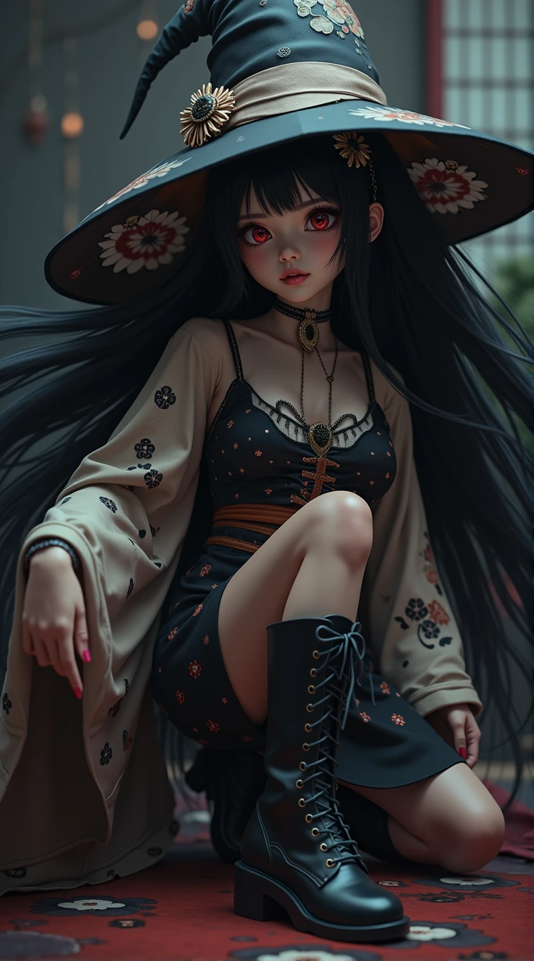 (upper thighs shot:1.a young Japanese witch in a gothic witch outfit mixed with a kimono and is wearing a witch hat and dark boots. hyper realism.