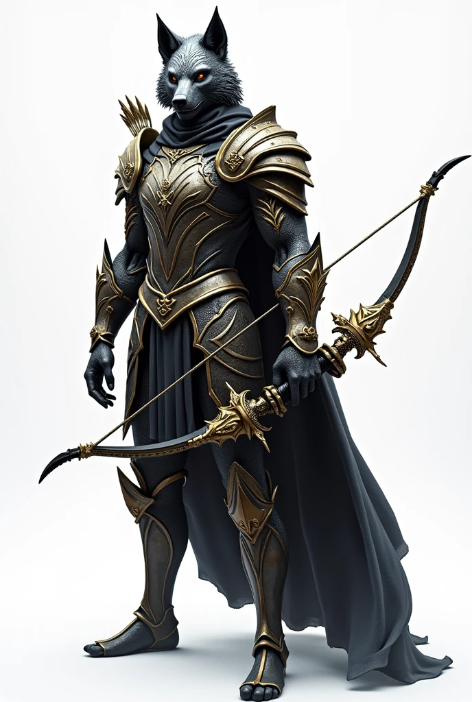 A male metal armor, with a helmet in the shape of a wolf's head with golden ornaments, with a slender body holding a bow on a transparent background