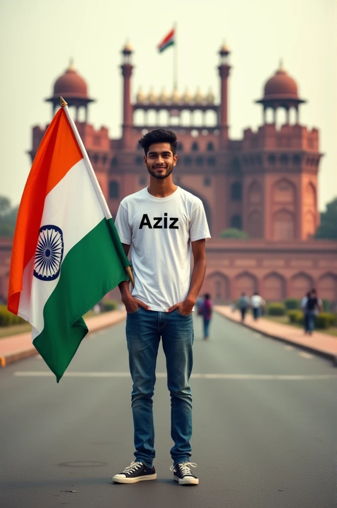 Generate a Realistic 20 years old boy, Wearing White T shirt blue jeans sneakers and the name "Aziz" is written on his t-shirt and the boy is standing on the road with holding a national flag of India, and behind him is the Red Fort Delhi. And written