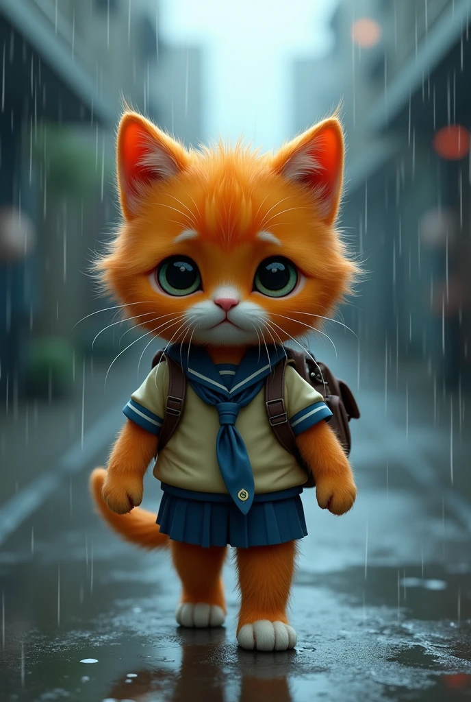 Orange kitten with black straight hair to mid-shoulder length with school backpack and wearing school uniform walking under the rain with realistic sad face