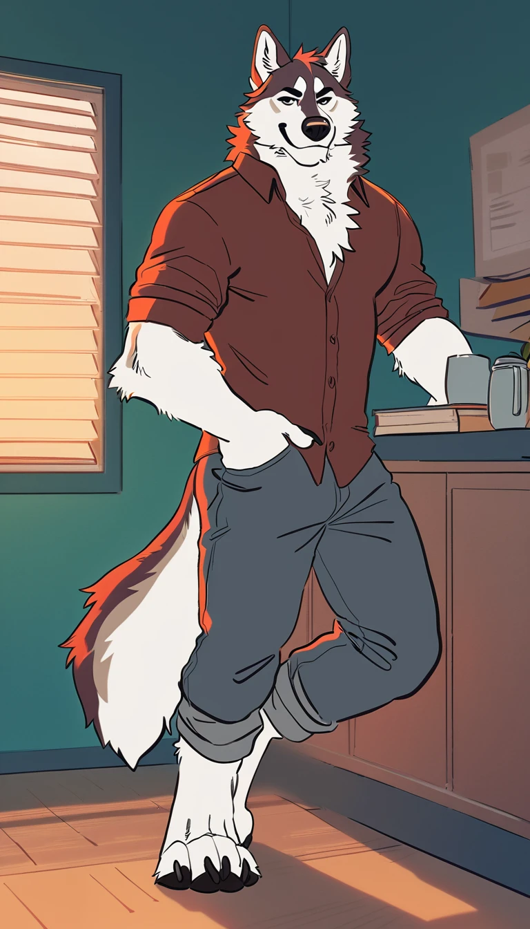 solo, male, anthro (striped husky), by tritscrits, (by botch:0.7), digitigrade, digital artwork, (flat colors:1.3), striped brown husky tail, mature male, sexy, ((detailed background)), athletic, white fur, looking at camera,