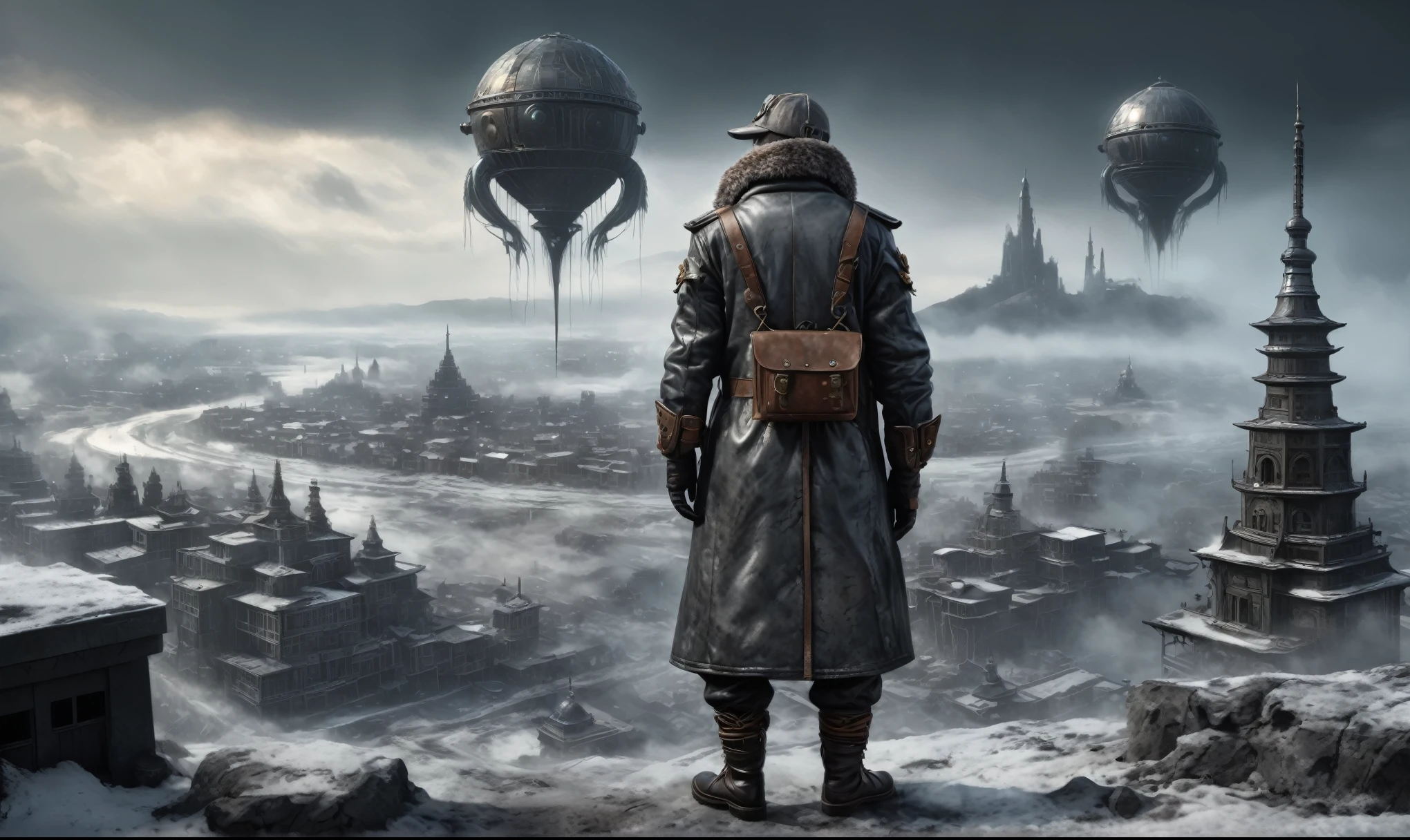insane USSR soldier,pinhead, camouflage Rusty, Ambient in a meteorite ,graphite witch after a psychiatric clinic,winter,intricate landscape,slate grey atmosphere,film grain,faded,eyes extremely detailed,another world,ring of truth,view from height,once pretty face,eyebrow up,full body shot,ominous landscape, Simon Stalenhag,Nicola Samori,full body shot,beggar paladium The Alien Entity,Technicolor,natural skin textures, hyper realism, hyper detailed,Extremely detailed,High contrast,Masterpiece,Realistic,Ultra Detailed, intricate details,realistic humid leather,extremly intricate,Epic Realistic, cinematic style,irina yermolova,high contrast,hdr,extremely detailed, deep night landscape,masterpiece,intricate details,faded,eyes extremely detailed, high detailed eyes,8k resolution,RAW,retina, Nikon Z9,China,Guangxi Zhuang of China,tkt style,ears perfect, transition between two art styles, Ink painting to photorealism, Double contact, X-ray, Creative, vivid light, masterpiece, fantasy, Abstract Surrealism, super detailed, high resolution, stop:35;Her skin is pale, almost translucent,ancient rock,a hot air soars through the layers of clouds, revealing a colossal and enigmatic cityscape nestled within. The buildings in this ethereal city are adorned with intricate details and exude an aura of mystery. Above the cityscape, lend an enchanting touch to the scene. steampunk. The intricate mechanics create a sense of wonder and fascination, as if stepping into a dreamlike realism