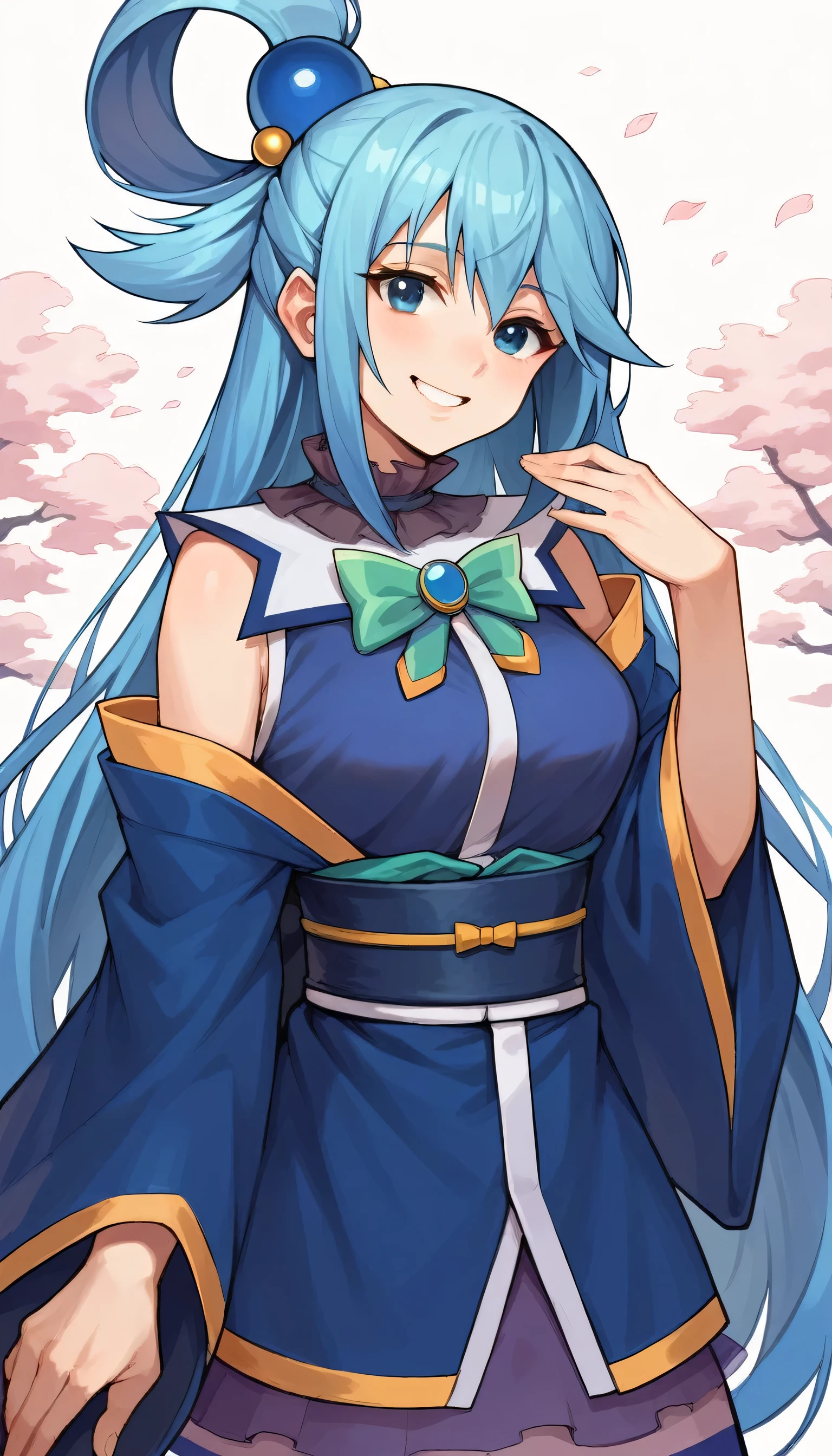 1girl, solo, japanese clothes, sash, kimono, bangs, looking at viewer, obi, gradient,aqua \(konosuba\), blue eyes, long hair, hair ornament, very long hair, hair rings, blue hair, single hair ring, hair bobbles,Smile 