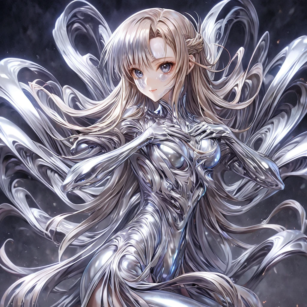 ((Highest quality)), ((masterpiece)), (detailed), （Perfect Face）、The woman is Yuuki Asuna, a completely metallic lifeform with metallic silver skin, a metallic silver face, and metallic silver hair in medium-long layers.、The woman is a metallic lifeform whose entire body and face are made of metal.