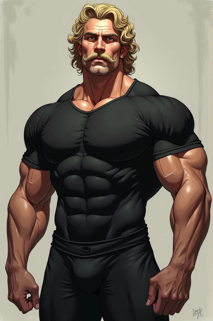 Good looking Muscular 6 food man with mid length blonde Curley hair blonde mustache wearing all black with big bulge in crotch area