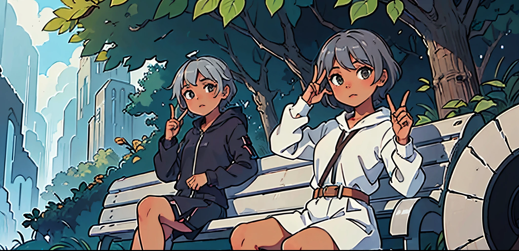 adventurer, girl, dark skin, short hair,gray hair, bench, sitting, outdoors,peace sign