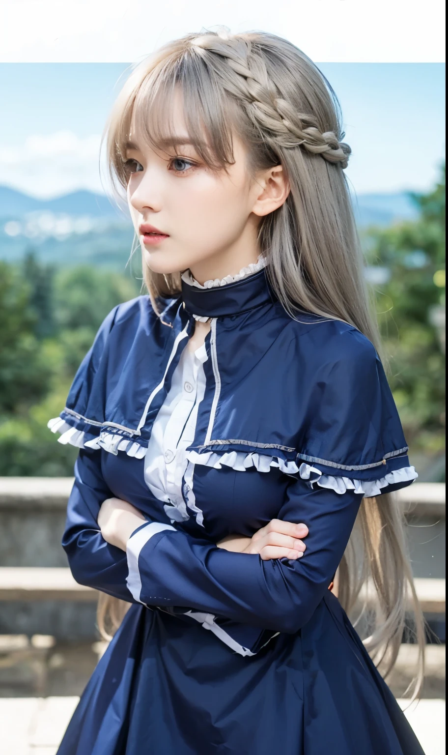 Lawine, frieren anime caracter, grey hair, blue eyes, blue clothes, outdoor background, detailed face, detailed hair, detailed eyes, detailed hand, ultra realistic, ultra detailed, best quality, masterpiece.