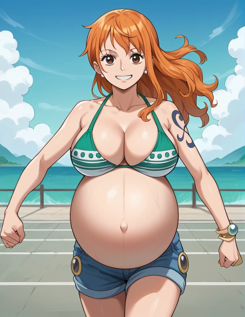 score_9, score_8_up, score_7_up, source_anime, best quality, clear face, 1girl, nami, NAAmi, orange hair, blue eyes, large breasts, white bikini, shorts, cleavage, smile, looking at viewer, sky, standing, pregnant belly, huge belly, belly, running