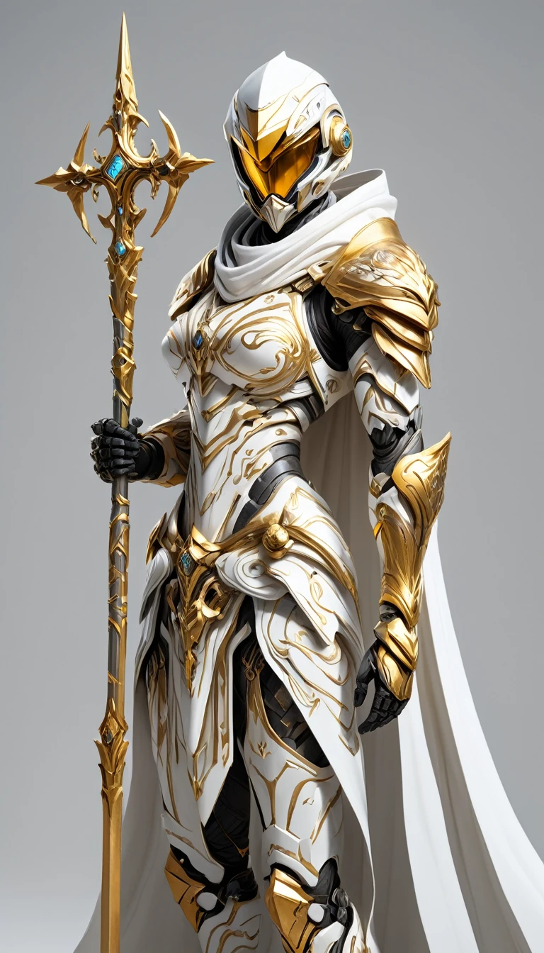 Master Pieces, female, Holy White Knight, Action style photo, (Battle Priest in a warframe and halo style armor with a staff with a cross), (Plata, gold and white color scheme), (White Hood and Cape), (action photo: holding staff), white and gold tabard (solid color background), centred, full body shooting fight, sci-fi knight, halo master chief, swirly vibrant colors, visible figure joints, cinematic shot, volumetric lighting, intricate pattern detail, highy detailed