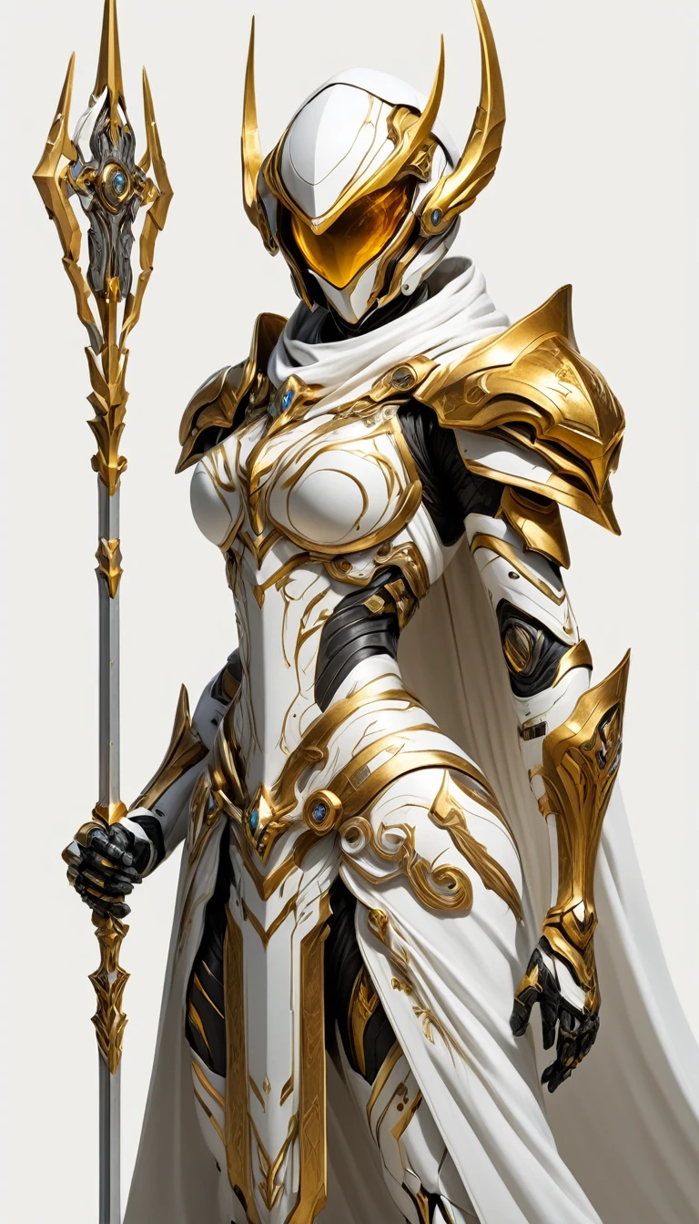 Master Pieces, female, Holy White Knight, Action style photo, (Battle Priest in a warframe and halo style armor with a staff with a cross), (Plata, gold and white color scheme), (White Hood and Cape), (action photo: holding staff), white and gold tabard (solid color background), centred, full body shooting fight, sci-fi knight, halo master chief, swirly vibrant colors, visible figure joints, cinematic shot, volumetric lighting, intricate pattern detail, highy detailed