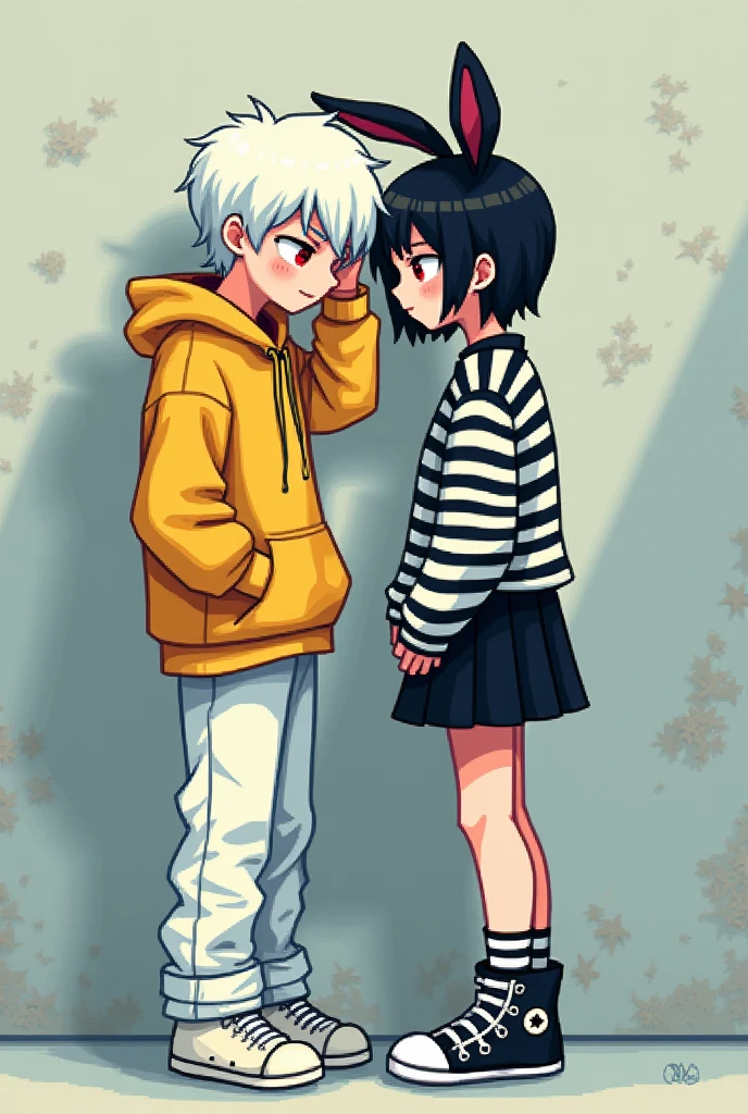 an emo boy,with white hair,Eyes red,with white pants,with yellow sweatshirt wearing the hood, White sneakers, with a girl with bunny ears, with short black hair, with a black and white striped shirt,a black skirt, black and white striped socks,with short bangs, with an ALL star sneaker, with her hand on top of his head because he is shorter, pixel art