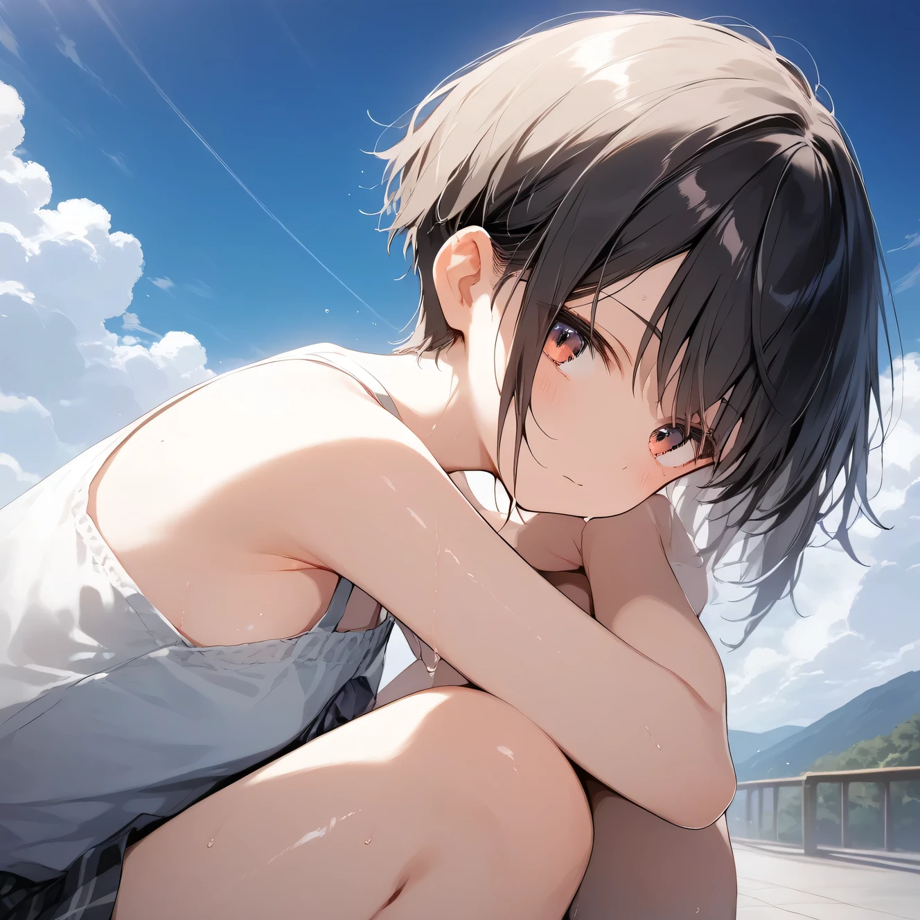 score_9, score_8_up, score_7_up, source_anime, best quality, masterpiece, official art, absurdres, highres, ultra-detailed,waifu2x,Collection: Pixiv 1000,break,1girl, tomboy, school girl, very short hair, pixie cut, small breasts, slender, thighs, beautiful detailed eyes,  expressionless, sweat, sleepily, (disgust:0.3), mountain, outdoors, break,(clear line illustration:1.2), super detailed skin, shiny skin, very high resolution, very aesthetic, Best sexual lighting powered by famous artist, 4k, 8k, 16k, cute picture, beauty illustration,photoshop_(medium),,(Detailed Lighting),best anime 8k konachan wallpaper, pixiv contest winner, 