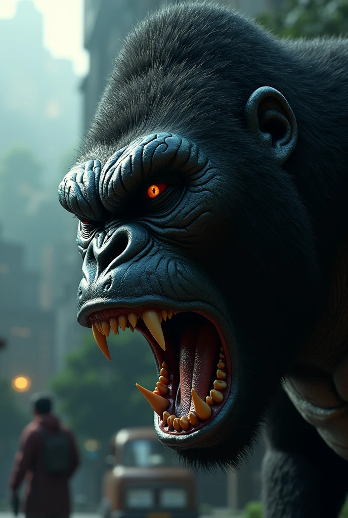 Professional 3D extraction (1,3) of the most beautiful work of art in the world, (giant monster King Kong head expressing ferocity in dynamic posture, extraordinary location, magnificent environment), extraction individuelle en 8k in full, action scene, enlarged pores on the skin, very dark light, strong shadows, Detailed face, Details, (vividness, real network image, reality, impressive, sombre, nice, 8k), (leather clothing damaged by time : 1,4), ((Wearing leather)), (complexity : 1,4), decline, (very detailed : 1,4), Digital painting, represented with Octane, studio d'art, artistic concept, seeds, niceté, illustration, artistic germ, (loïsh: 0,23), WLOP Ilya Kuvshinov, and Greg Rutkowski and Alphonse Thank you very much, (global lighting, studio lighting, volumetric lighting), heavy rain, floating particles, antagonistic character, imagination, OUR, in full, ((Dark background and ancient city: 1,3)), CGSesociedade, art studio.
