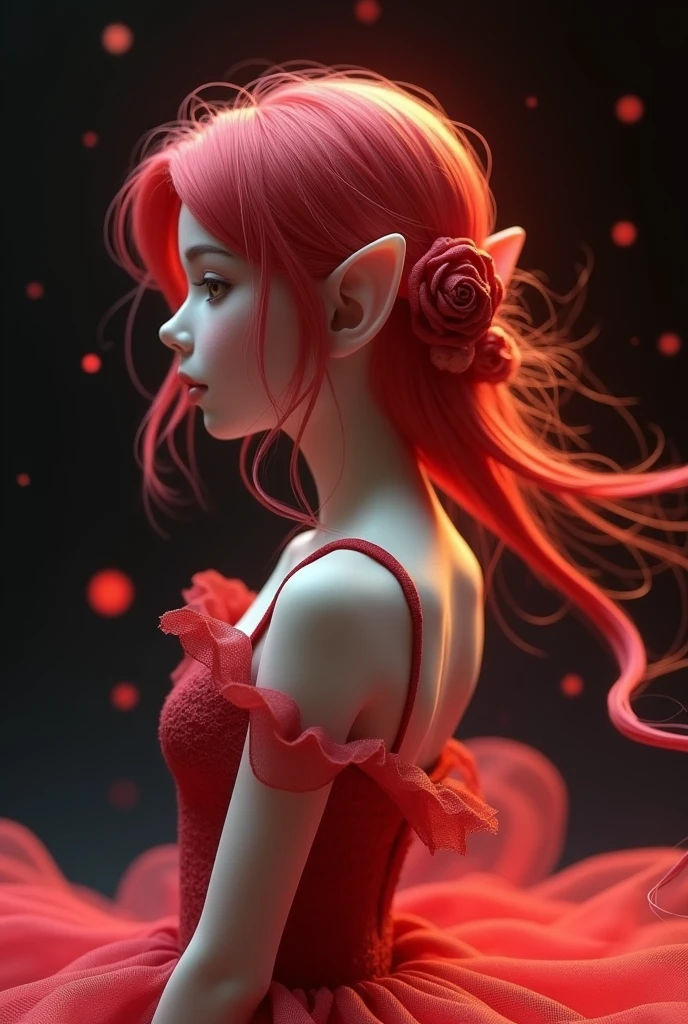 (close up:1.3), ultra detail, High quality CG rendering, The most delicate and beautiful., Floating gently, High resolution, (1 girl), (of the highest quality,4k,8k,masterpiece:1.2),2.5D, girl , elf, hair rose, withe dress, background black and red,