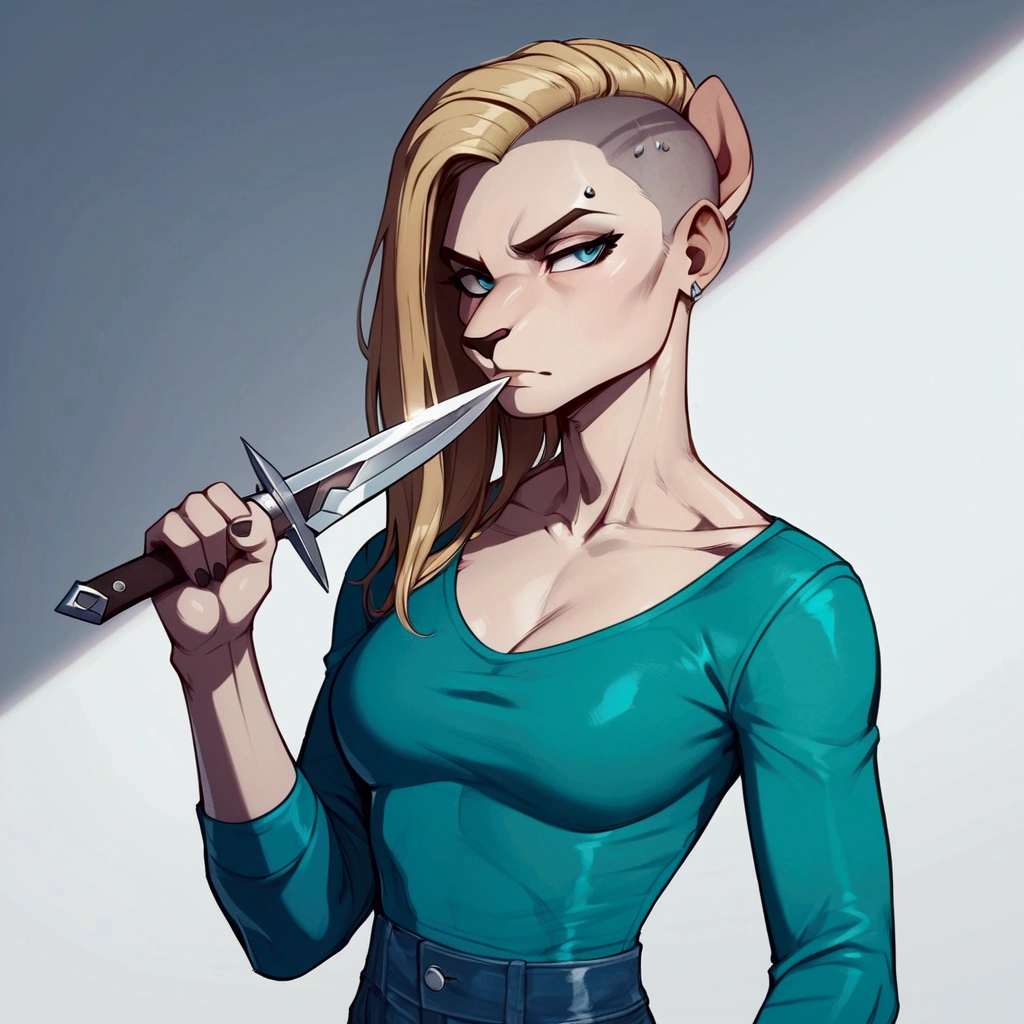 Solo, score_9,score_8_up,score_7_up, solo, anthro, kat, undercut haircut, long blonde hair, wearing black assassins outfit, holding a dagger, serious face