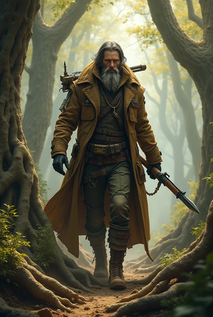 steampunk,warrior,Rifle bayonet,Tree equipment long coat