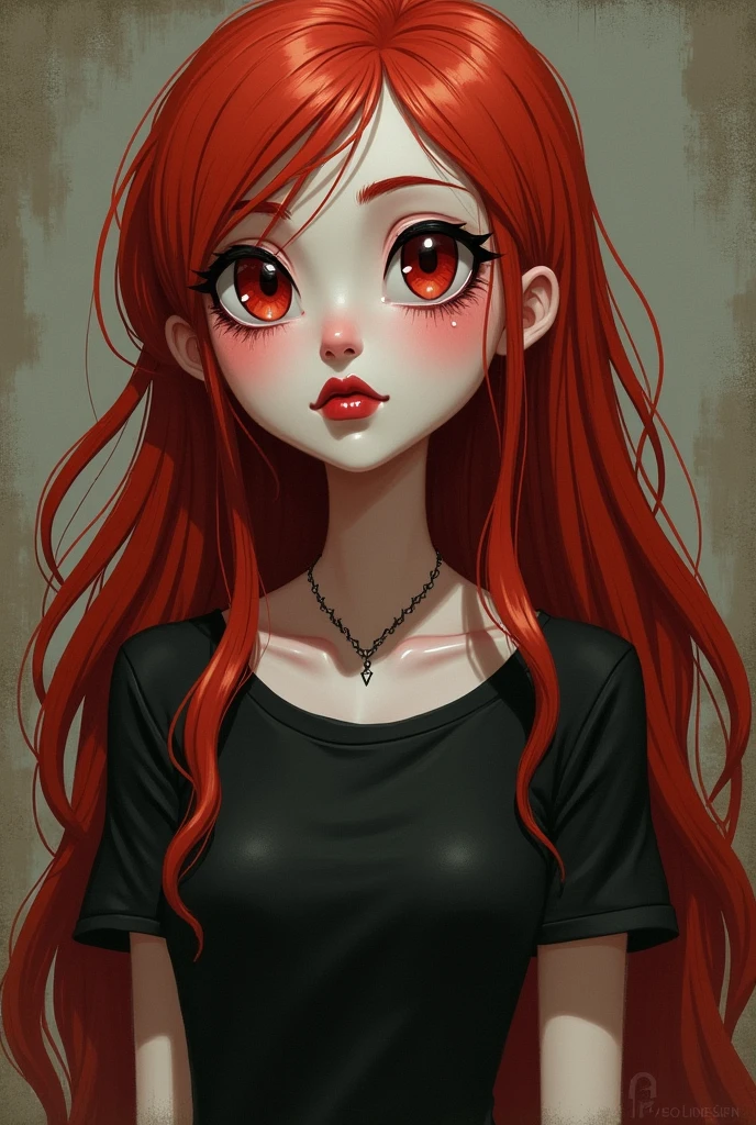 female version of Moral Orel, red hair long and reaching to the back.
Almond-shaped eyes Long, black eyelashes, delicate.
red lips in the shape of a heart.
White skin.
shout grunge
