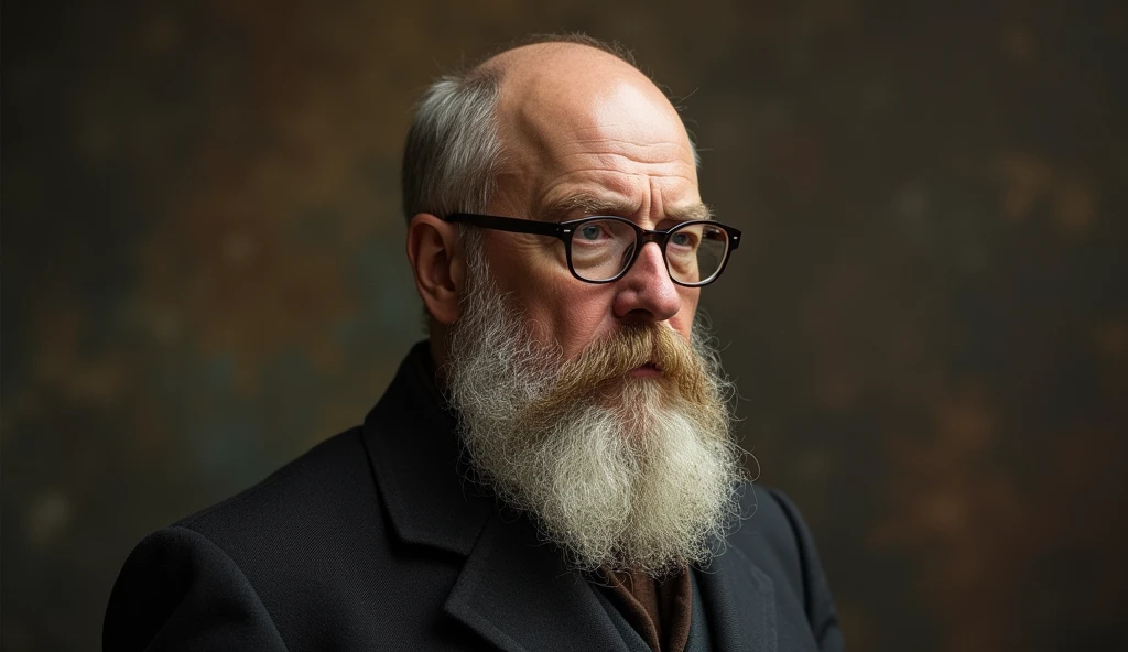 make a picture of Piotr Kropotkin from the front and further away he is bald in the middle of his head and wears glasses